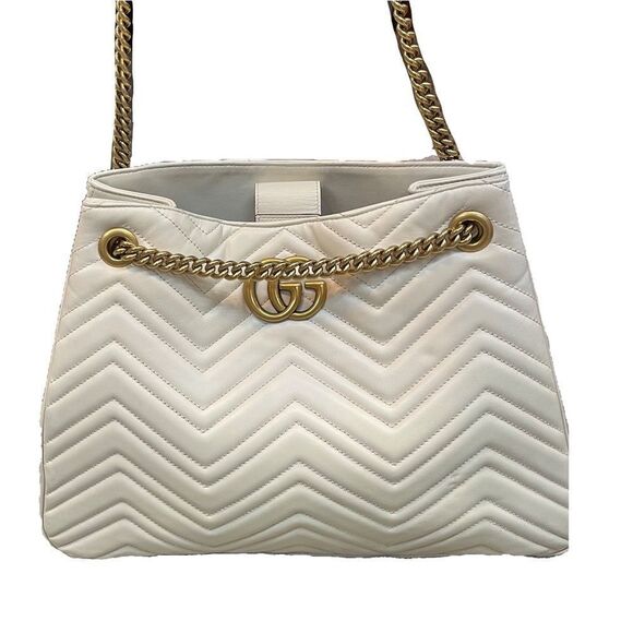 Gucci Marmont Chevron Large Leather Chain Strap Tote Bag in Natural White Ivory - Picture 3 of 17